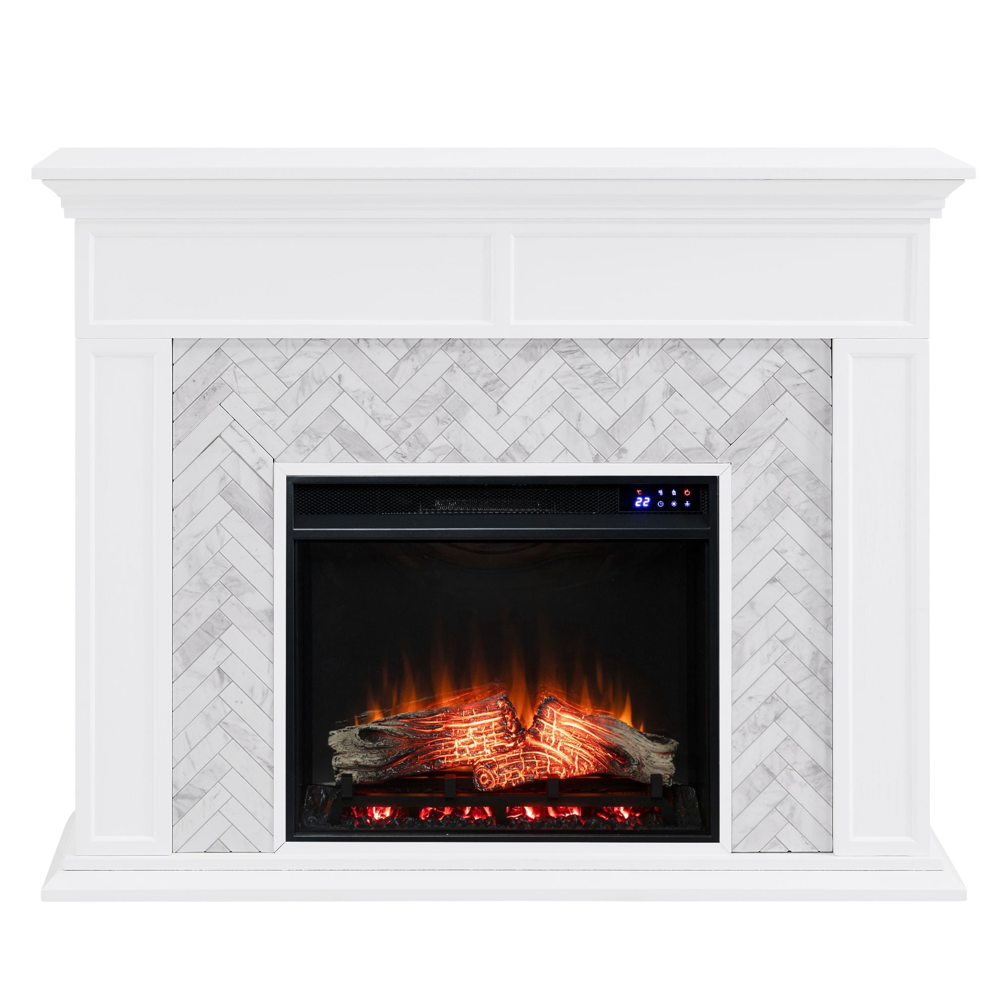 SEI Furniture Torlington Wood-Marble Tiled Electric Fireplace in White