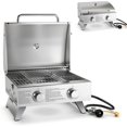 thumbnail image 1 of Barbecue à gaz portable avec 2 brûleurs, max. 20 000 BTU au total, pieds pliants, thermomètre intégré, verrous de voyage, barbecue à gaz propane de table en acier inoxydable pour camping, 1 of 15