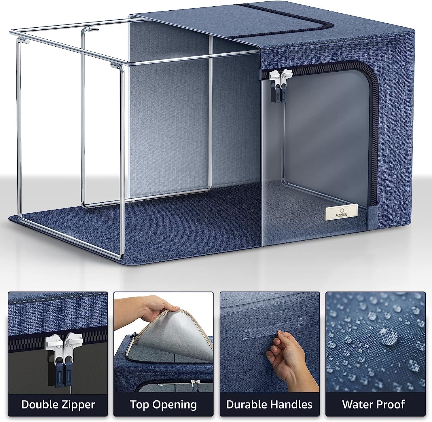 Sorbus Medium Foldable Storage Bin with Metal Frame – Stackable Organizer with Handles, Blue