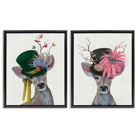 Stupell Industries Dapper Deer Floral Top Hat Animals Painting Black Floater Framed Canvas Art Print Wall Art, 17 x 21, Set of 2