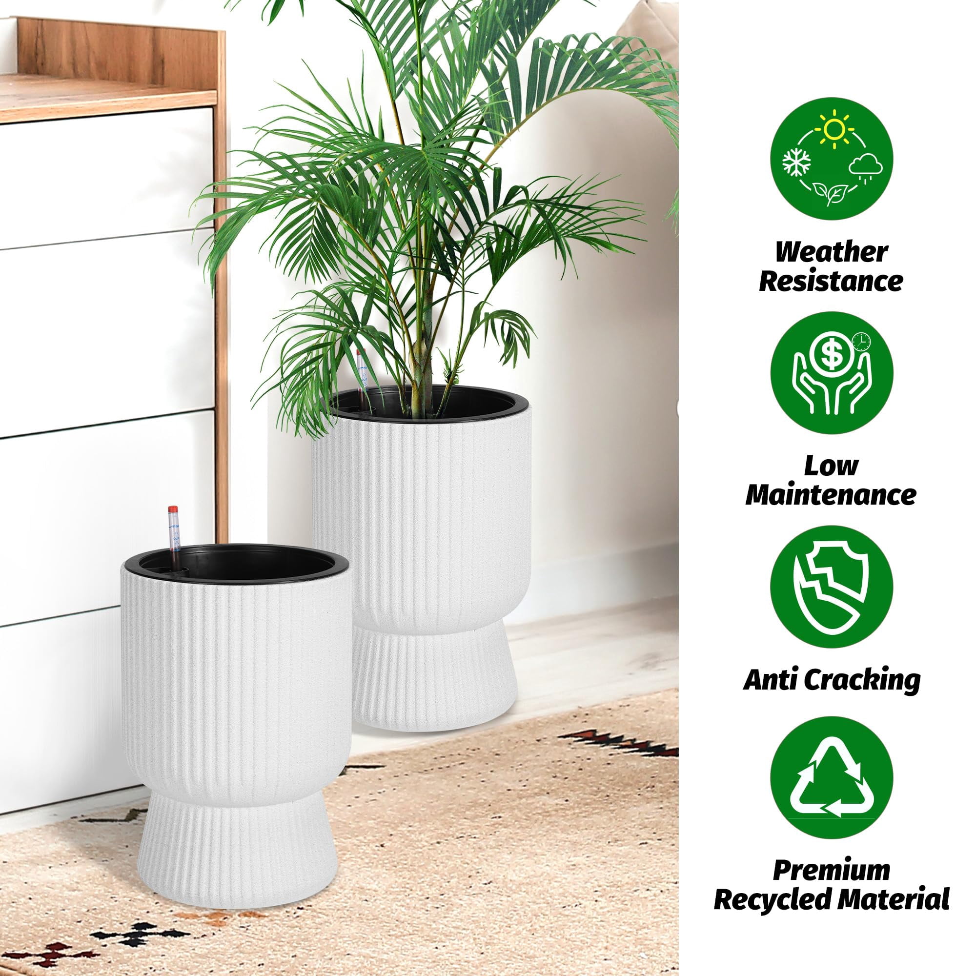 Ataucjin 14.2" Tall Planters Set of 2, Large Indoor/Outdoor Self-Watering Plant Pots with Drainage, Water Level Monitor, Flower Pots for Patio, Porch, Living Room, Home Office