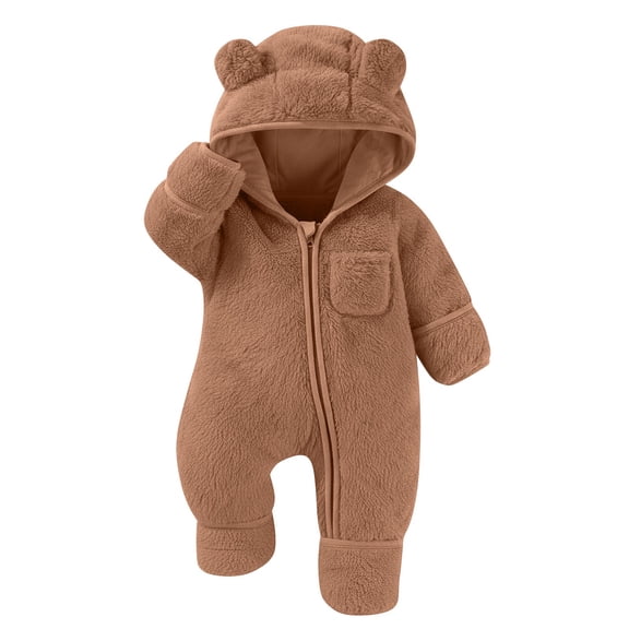 Fesfesfes Baby Solid Color Buttons Hooded Jumpsuit Fall Winter Warm Fleece Coverall Bodysuit Long Sleeve Romper Outerwear for Girls Boys Soft Cozy Playwear(Brown#3,6-9 Months)