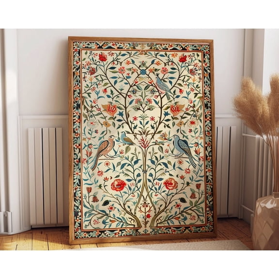 Indian Floral Art Poster - Elegant Botanical And Bird Illustration - Cultural Wall Art, Modern Wall Decor, 8x12 UNFRAMED