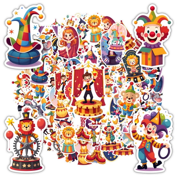 35pcs-50pcs Playful Clown Stickers Fun Animal Decals Bright Circus Stickers for Notebooks Luggage Phones