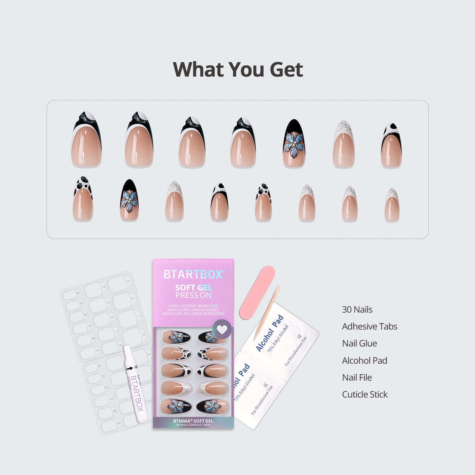 BTArtbox Press On Nails - Bessie & Bestie, Medium Almond, 2-Week Wear, Easy-to-Apply, 30 Count All-in-One Kit