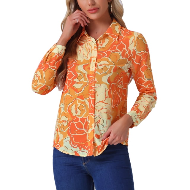 CAMISA DE BOTONES PARA MUJER INSPIRADA CHIC, CON ESTAMPADO FLORAL DITSY, DE MANGA LARGA Y COLLAR PUNTA, TOP DE OFICINA, NARANJA Y AMARILLO