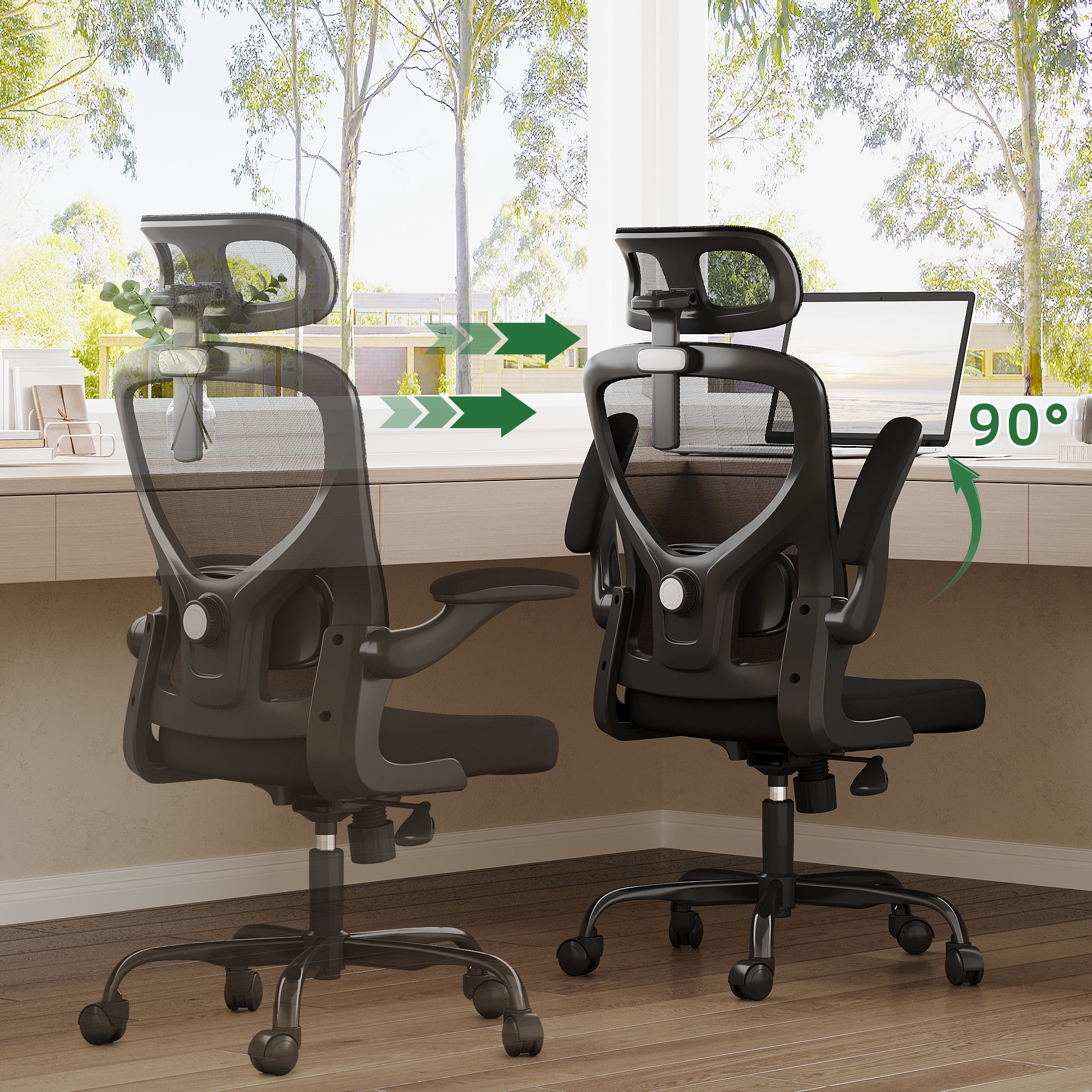 MAYEERTY Ergonomic Home Office Chair with Lumbar Support, Flip-Up Armrests, Headrest for Work & Study,Black