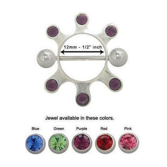 Nipple Barbell Shield Silver Surgical Steel With CZ Jewels - 6 Colors Available