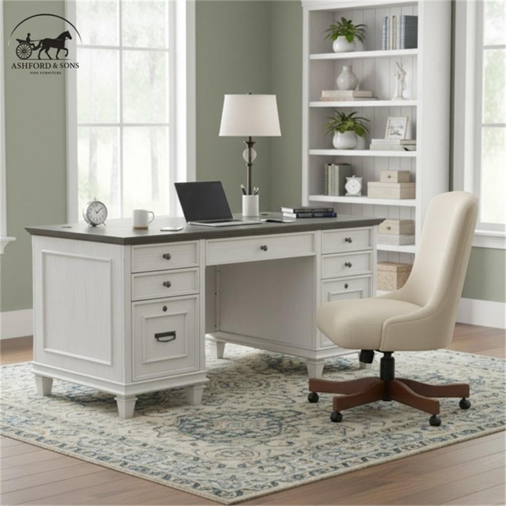 Ashford & Sons Double Pedestal Letter/Legal File Drawers Executive Desk in White