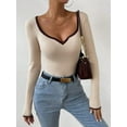 thumbnail image 3 of Women'S Sweetheart Neck Long Sleeve T Shirt Rib Knitted Contrast Binding Tee Tops  L, 3 of 6