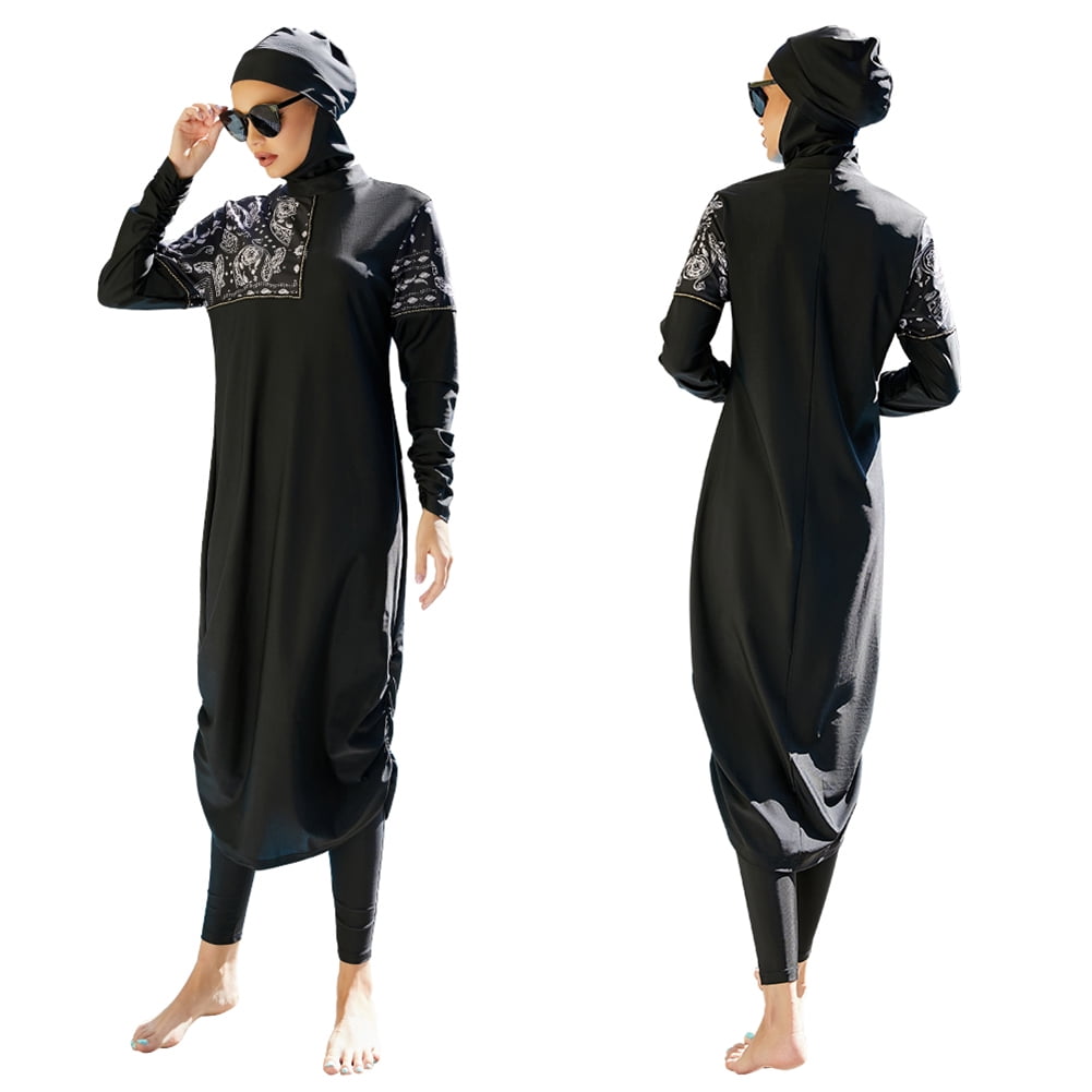 IBTOM CASTLE Muslim Swimsuits for Women Modest Islamic Arabic Swimwear Burkini Full Cover Hijab Top Pants Swimming Cap Bathing Suits XL Black - Ruched Hem