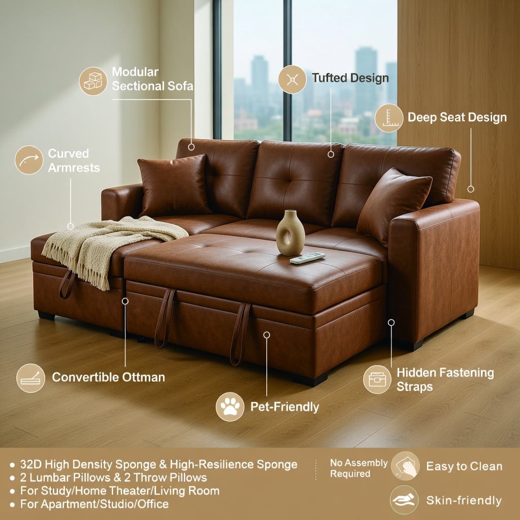 Hommoo Convertible Sectional Sleeper Sofa with Pull-Out Bed, Reversible Chaise & Hidden Storage, L-Shaped Modern Living Room Sofa Bed for Small Spaces, Light Brown