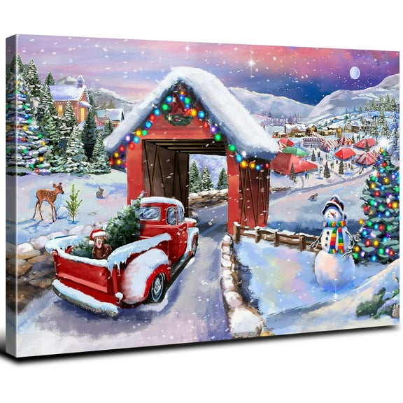 Aaheei Christmas Village Bedroom Wall Art Rustic Red Truck Canvas Picture Winter Snowy Paintings Colorful Christmas Tree Posters Snowman Nature Prints for Wall Decor Artwork for Room Decor