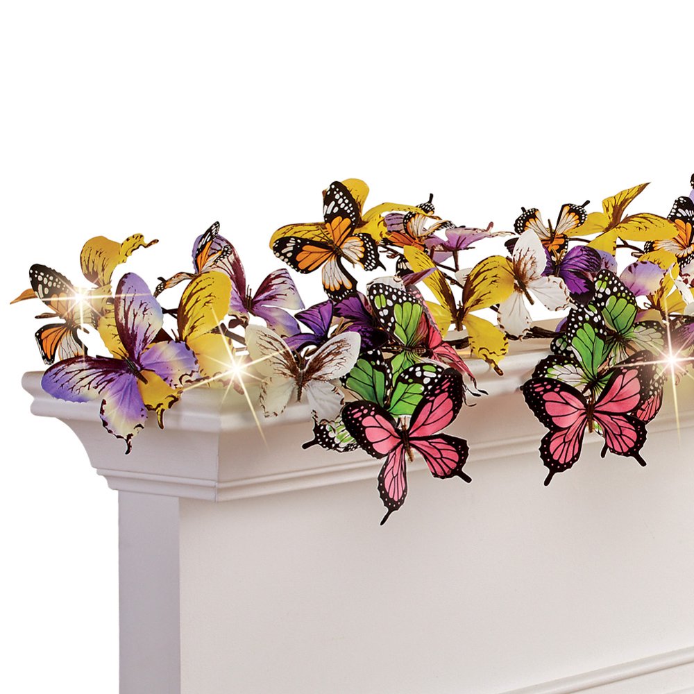 Colorful Butterflies Garland with Warm White LED Lights and Sparkling