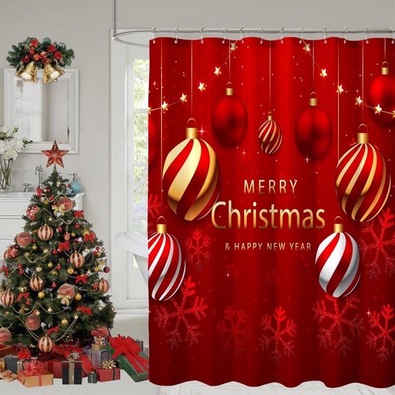 Christmas Shower Curtain, Red Balls Christmas Snowflakes Shower Curtains for Bathroom, Winter Holiday Xmas Funny Glitter Sparkle Fabric Cloth Bath Curtain Decoration, 72x72 Inch