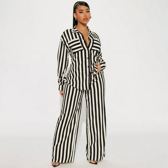 Striped Pajama Set with Buttons, Shirt and Pajama Pants (S, MultiBlack)