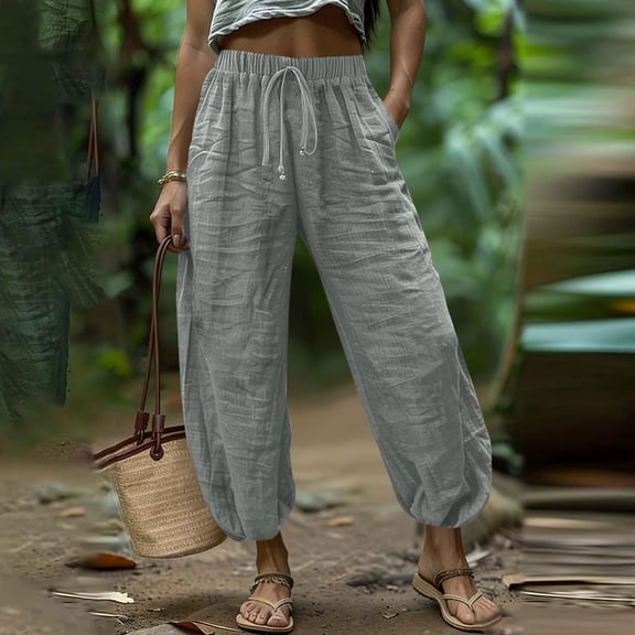 CLOISE Lounge Cropped Pants Women with Pockets Drawstring Mid Waist Joggers Pants Elastic Waist Solid Baggy Travel Vacation Outfits Gray S