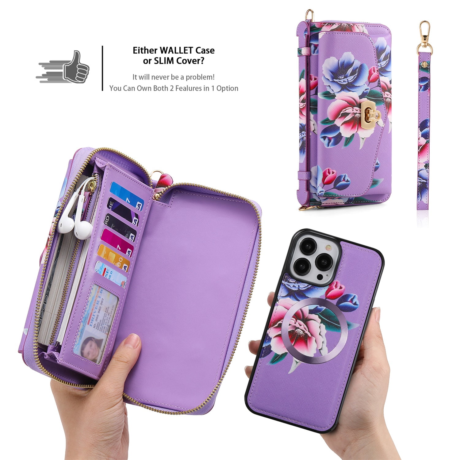 SaniMore Magnetic Detachable Wallet Case for iPhone 13 Pro Max, Flower Pattern RFID Blocking Cover Support Wireless Charging Card Slot Shoulder & Wrist Strap 360° Full Protective Shell, Purple