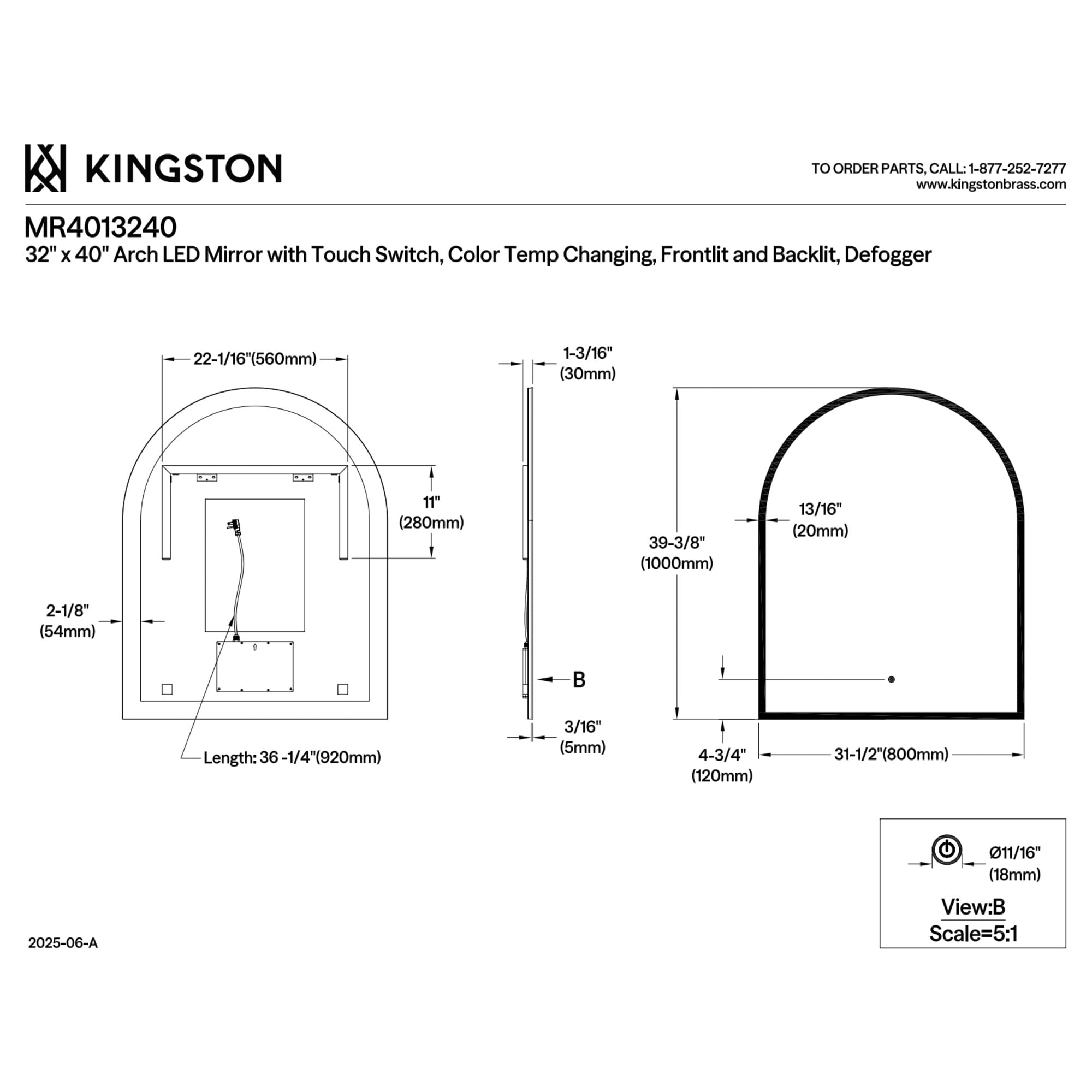 Kingston Brass MR4013240 Aurora 30-Inch x 60-Inch Arched LED Bathroom Mirror, Front and Back Light, Anti-Fog, Dimmable Touch Sensor Lighted Mirror in Silver