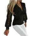 thumbnail image 4 of WREESH Womens Fashion Dressy Tops V-Neck Winter Lace Splicing Long Sleeve Waisted Solid Color Shirt Casual T-Shirt Tops Blouse Pullover Black, 4 of 8
