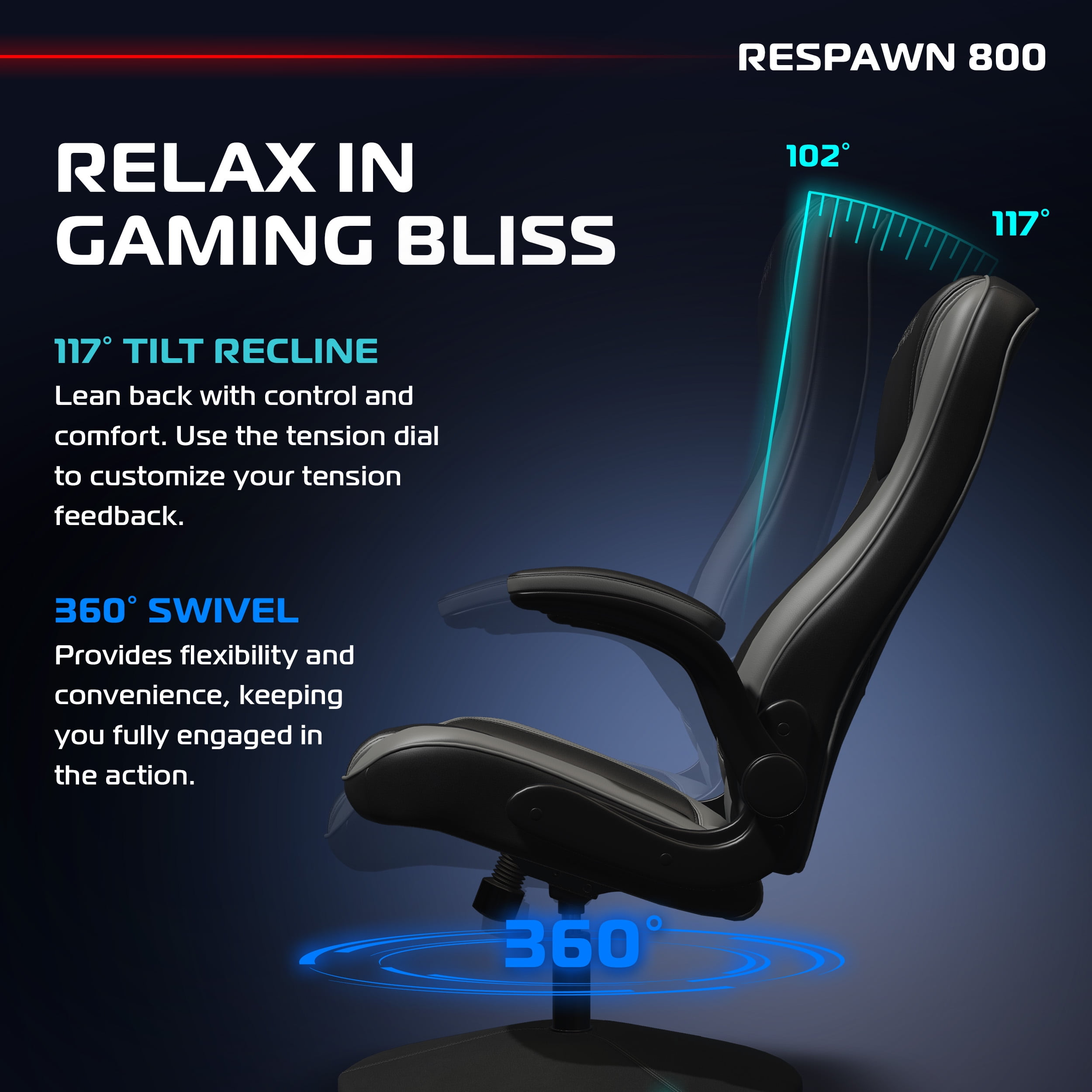 RESPAWN 800 Swivel Rocker Gaming Chair - Ergonomic Floor Gaming Seat with Lumbar Support, Flip Up Armrest, High Back, Pedestal Base, Comfortable No Wheels Console Video Game Rocker Chair - Gray