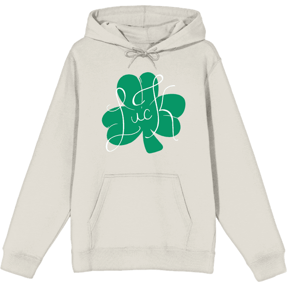 St Pats Luck Clover Long Sleeve Adult Hooded Sweatshirt -Medium-Cream