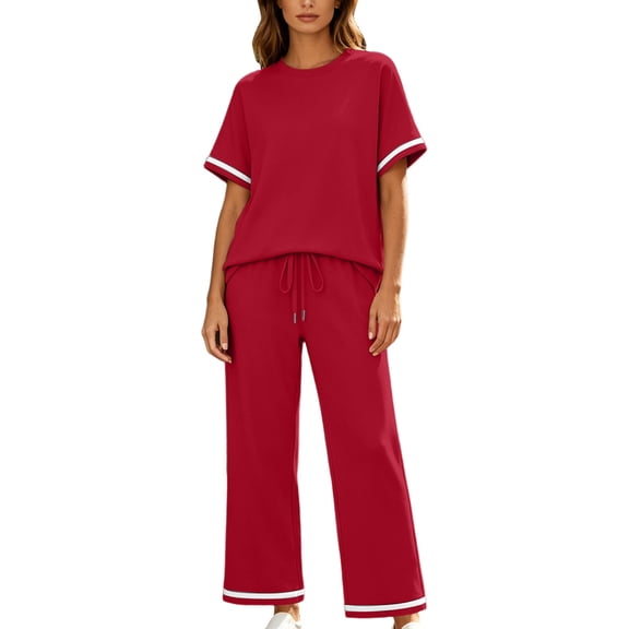 Besolor 2 Piece Sets for Women Summer Color Block Loungewear Outfits Crewneck Short Sleeve Tops Wide Leg Pants Set(X-Large,Red)