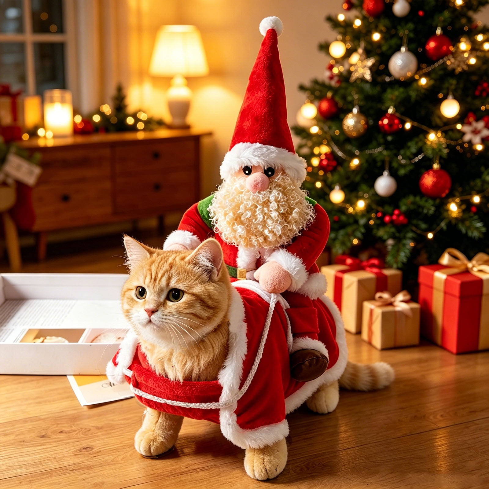 Pet Christmas Costume Red Furry Santa Riding Design With Back Accessory For Kittens Tiny Puppies Small Dog Cat Outfit