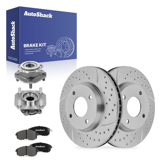 AutoShack Front Vented Drilled Slotted Silver Zinc Coated Brake Rotor   Premium Ceramic Pad   Hub Bearing Assembly 8-PC Kit Replacement for 2007-2010 Nissan Sentra SilverShield Pro 11.02" (280mm)