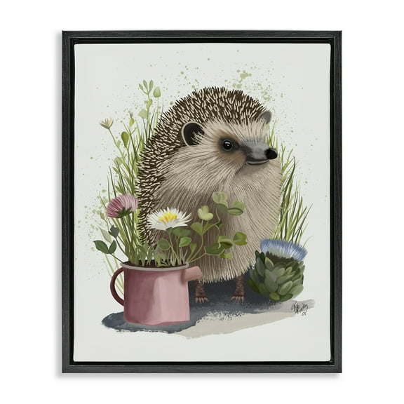 Stupell Industries Hedgehog with Garden Plants Animals & Insects Painting Black Floater Framed Canvas Art Print Wall Art, 17 x 21