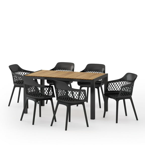 GDF Studio Airyanna Outdoor Wood and Resin 7 Piece Dining Set, Black and Teak