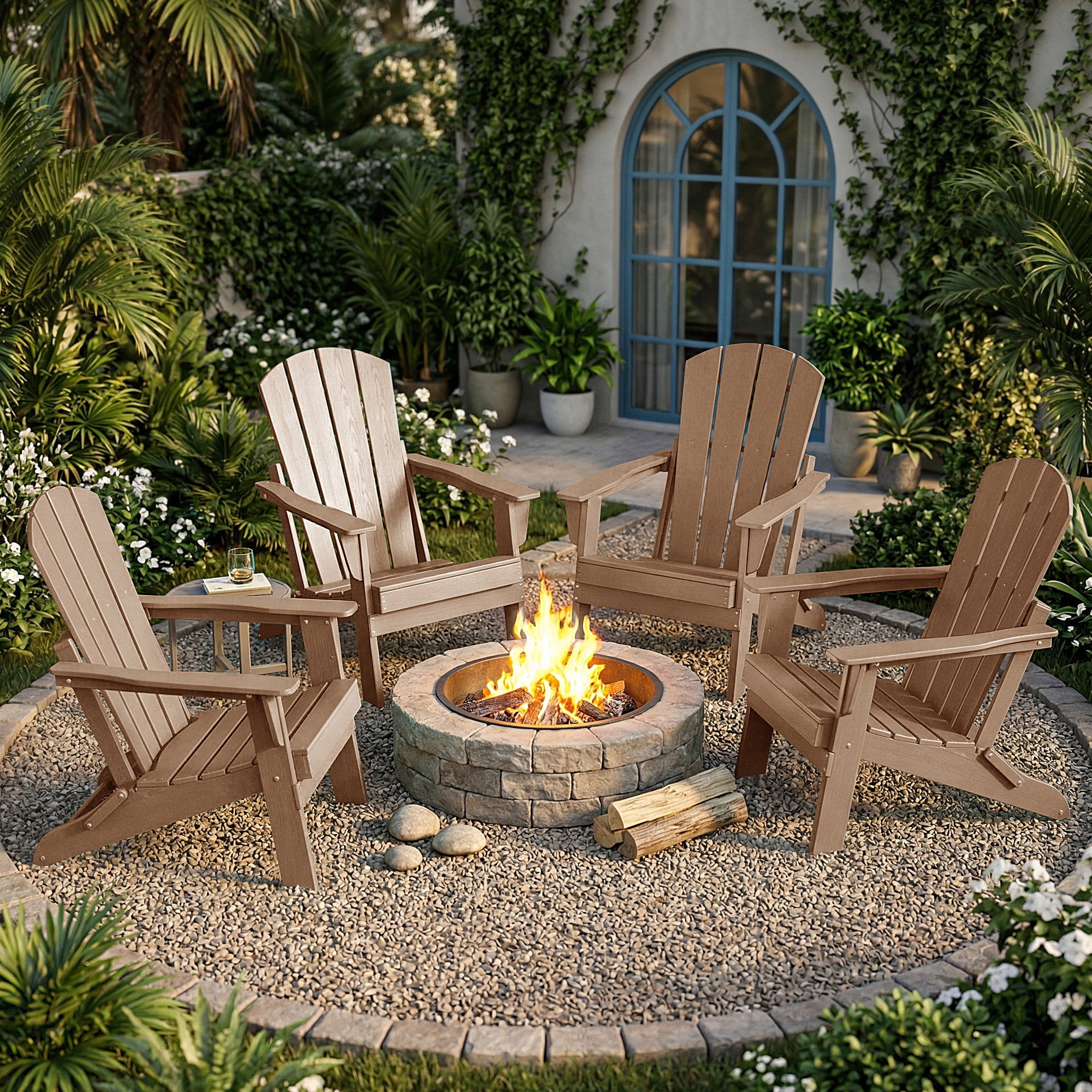 Cobiod Folding Adirondack Chair Set of 2, HDPE Patio Chair, All-Weather Space-Saving Foldable Fire Pit Seating for Camping, Backyard, Deck - Cedar