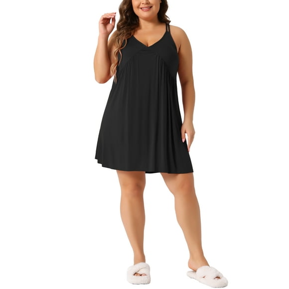 Noche de mujer plus size GRACE & GRANDEUR, vestido de dormir sin mangas, tirantes espagueti, escote en V, espalda nadadora, chemise, vestido de noche 1X negro