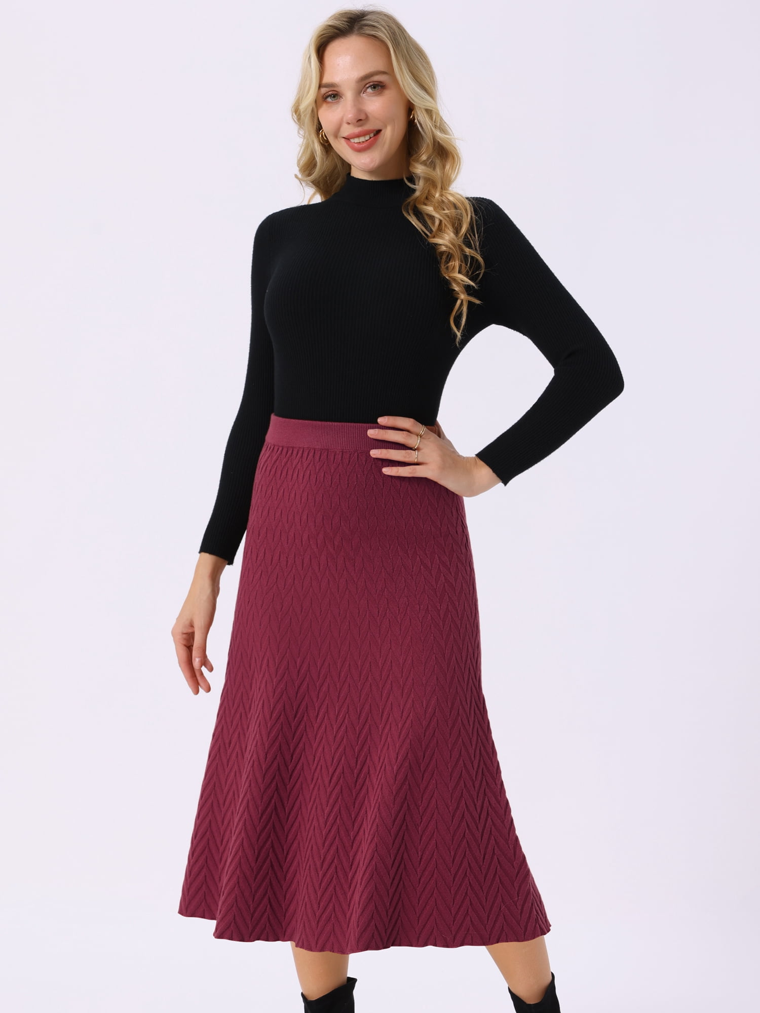 DARING DIVA Women's A-Line Skirts Stretchy Sweater Midi Skirt S Burgundy