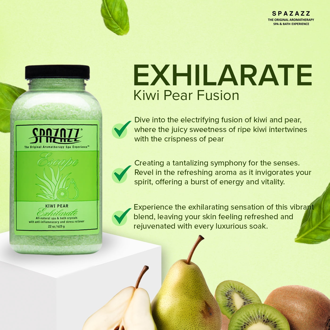 Spazazz Aromatherapy Escape Kiwi Pear Exhilarate Spa and Bath Crystals, 2 Pack (22 oz Each). Crystals and Bath Salts for Hot Tub and Bathtub Spa - Aromatherapy Scented Salts for Relaxation!