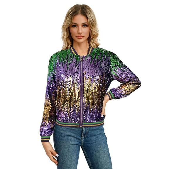 Outfmvch mardi gras jacket mardi gras sequin top mardi gras jackets for women workout tops for women Spring And Autumn Women's Long Sleeve Sequined Long Sleeve Cardigan Jacket Top Purple 1 L