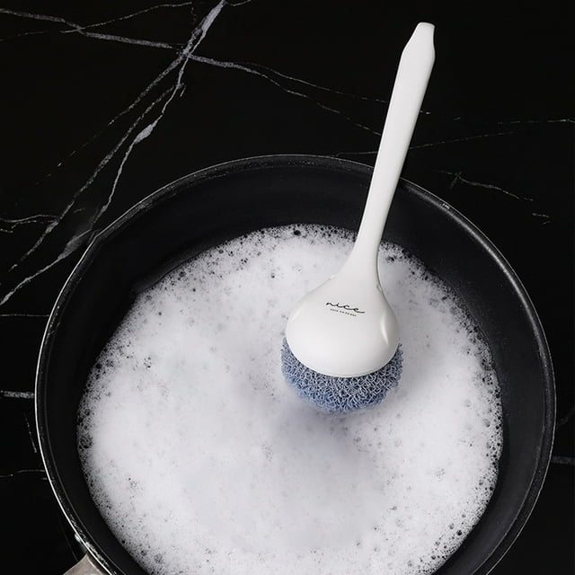 Cepillo de raspado de mango largo con cabeza de esponja que no rasca - Herramienta de limpieza de cocina apta para lavavajillas, blanco y azul, 8,66 pulgadas