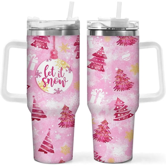 40oz Pink Christmas Tree Tumbler - Stainless Steel Insulated Mug with Handle and Straw, Christmas Gift for Women & Girls