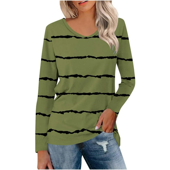 Scyoekwg Tops for Women Plus Size V-Neck Basic Shirts Loose Tshirt Lightweight Long Sleeve Stripe Print Tops for Women Trendy Dressy Casual Blouses (Army Green,XL)