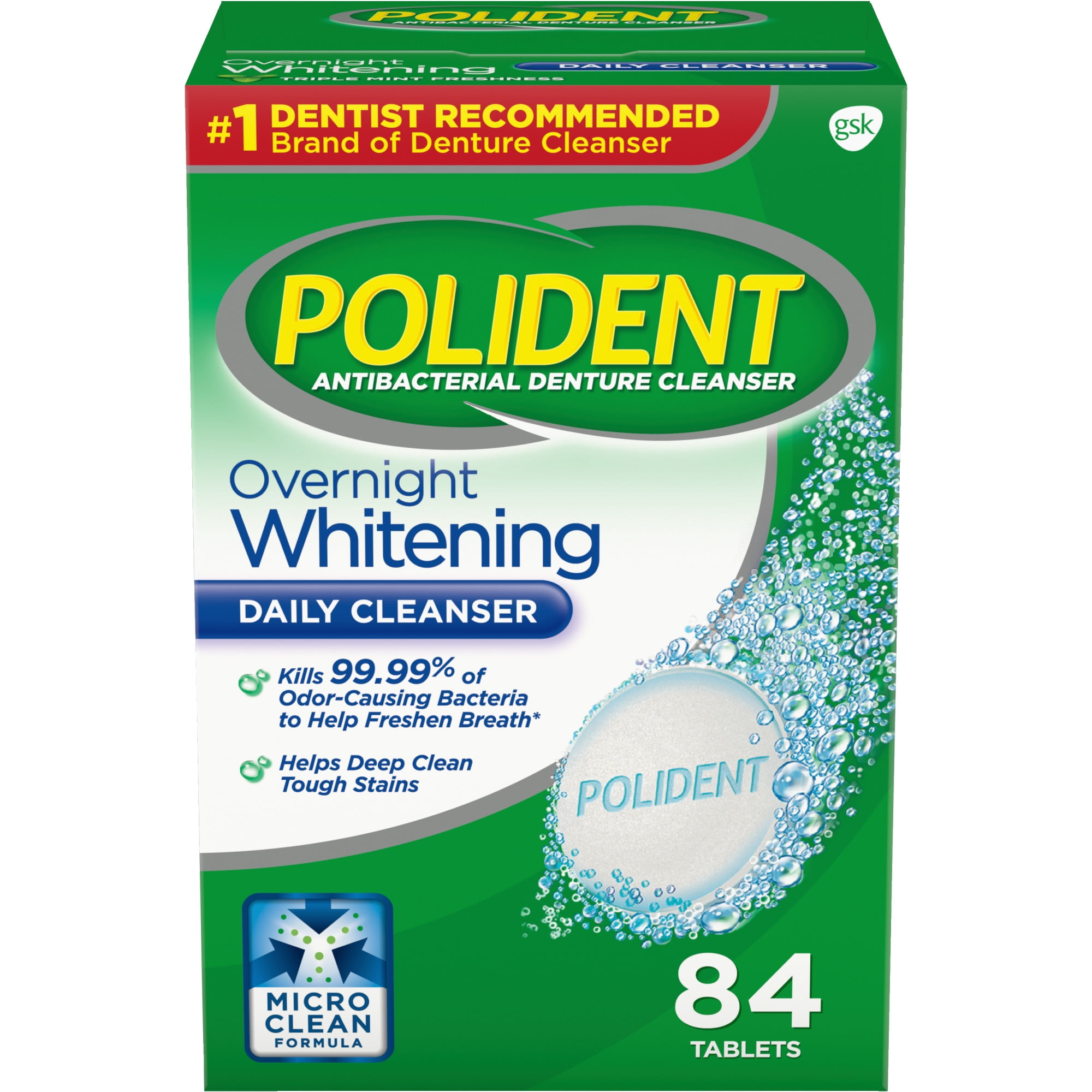 Polident Overnight Whitening Antibacterial Denture Cleanser Tablets, 84 Count