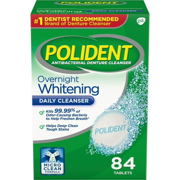 Polident Overnight Whitening Antibacterial Denture Cleanser Tablets, 84
