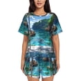 thumbnail image 1 of Xecao Tropical Paradise Window View Pattern Women's Short Sleeve Pajama Set Soft Sleepwear Lounge Set with Button Front Top and Drawstring Shorts with Pockets-3X-Large, 1 of 6