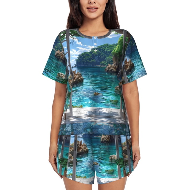 Xecao Tropical Paradise Window View Pattern Women's Short Sleeve Pajama Set Soft Sleepwear Lounge Set with Button Front Top and Drawstring Shorts with Pockets-3X-Large