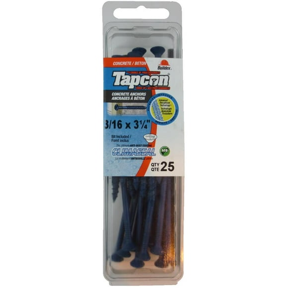 25 Pack 3/16" x 3-1/4" Flat Head Concrete Screws