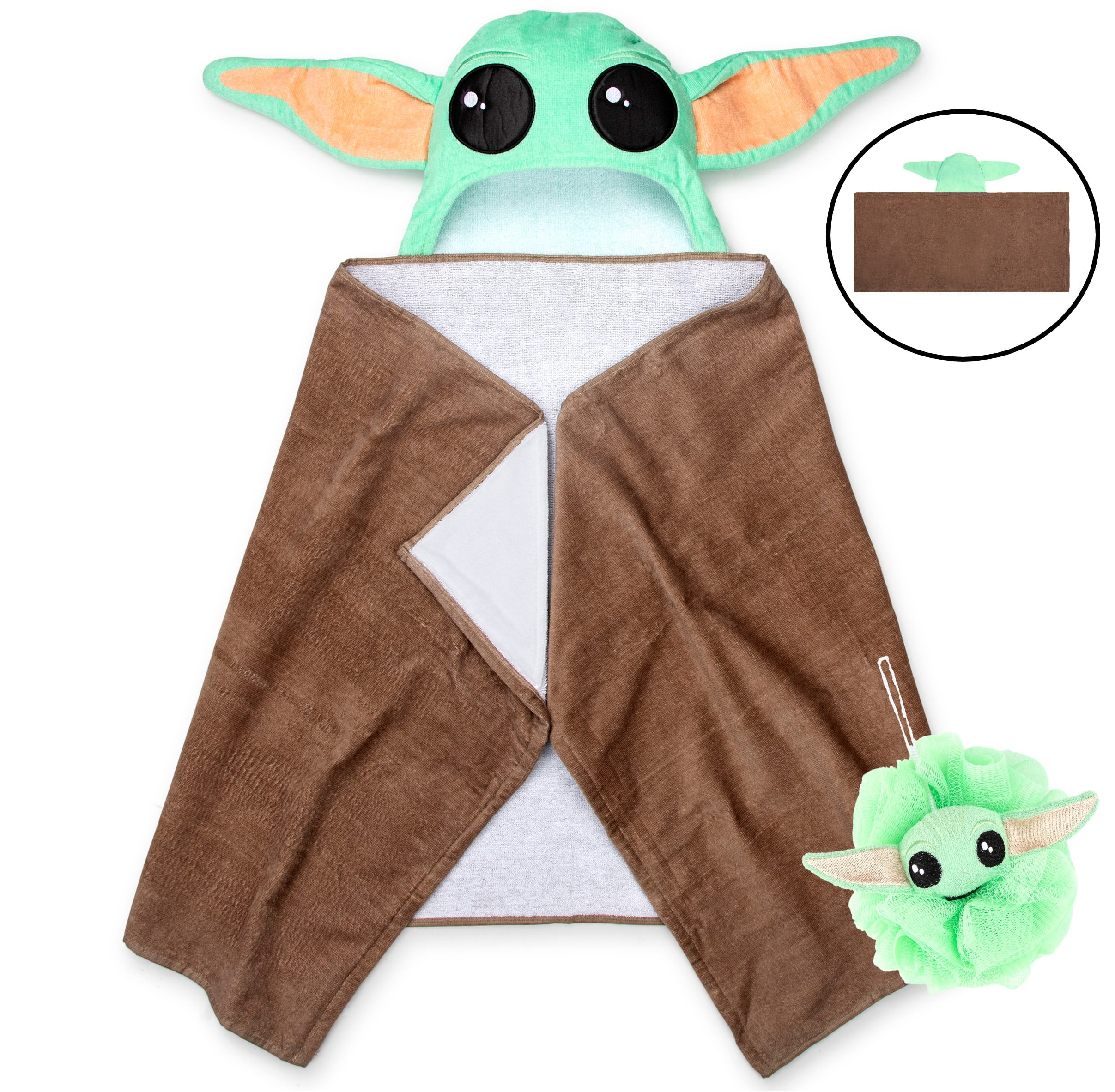 Baby Yoda Kids Hooded Towel and Character Loofah Set, Cotton, Green, Star Wars