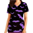 thumbnail image 2 of Shldybc Halloween Women's Printed Scrub Tops Working Uniform Short Sleeve V Neck Pumpkin Spiders Ghost Holiday Print Tunic Scrubs Workwear Blouse Scrubs Tops with Pockets-Purple, 2 of 5