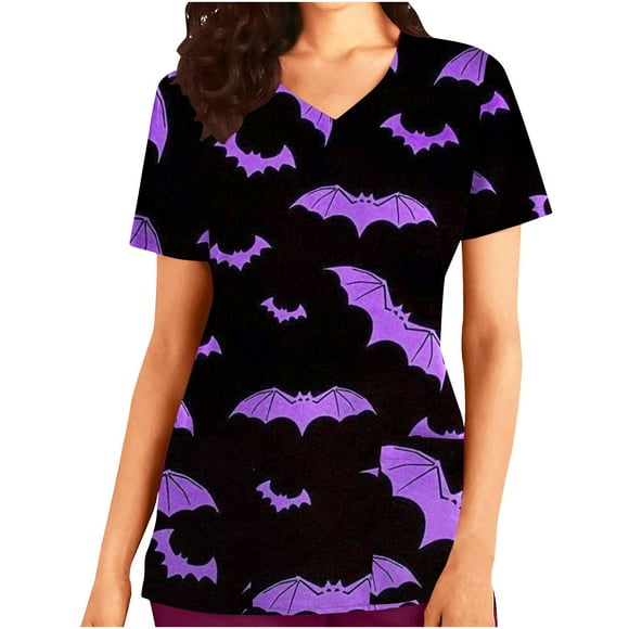 RKSTN Women's Halloween Printed Scrub Top, Short Sleeve, V-Neck, with Pockets, Casual