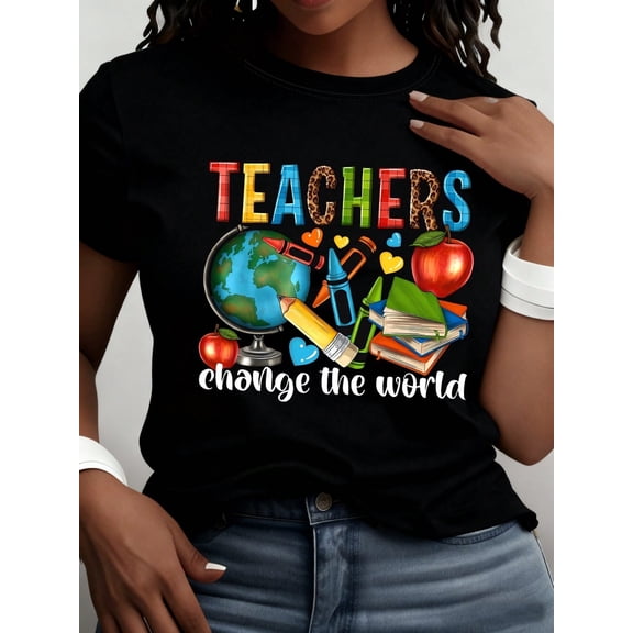 Teacher Print Crew Neck T-Shirt Casual Short Sleeve T-Shirt For Spring Summer Women Clothing