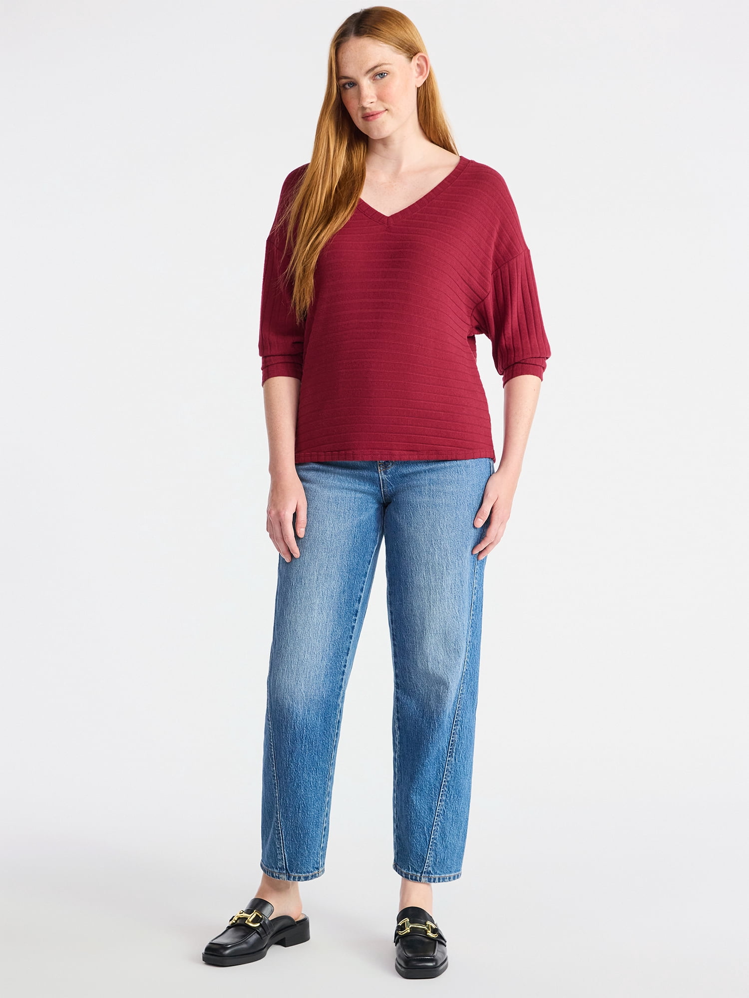Time and Tru Women's Ribbed Hacci Knit V Neck Top with Long Sleeves, Sizes XS-XXXL
