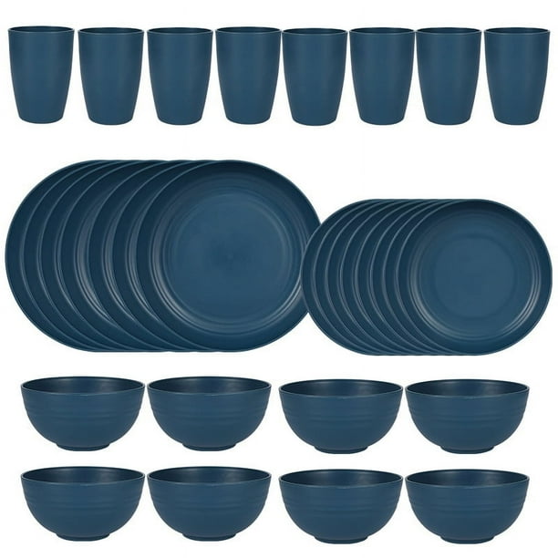 Nvzi 32pcs Wheat Straw Dinnerware Set,Plates and Bowls Set,Camping Dish Set for 8, Plastic Dinnerware Set,Dishwasher Safe Dinnerware Set,Dark Blue